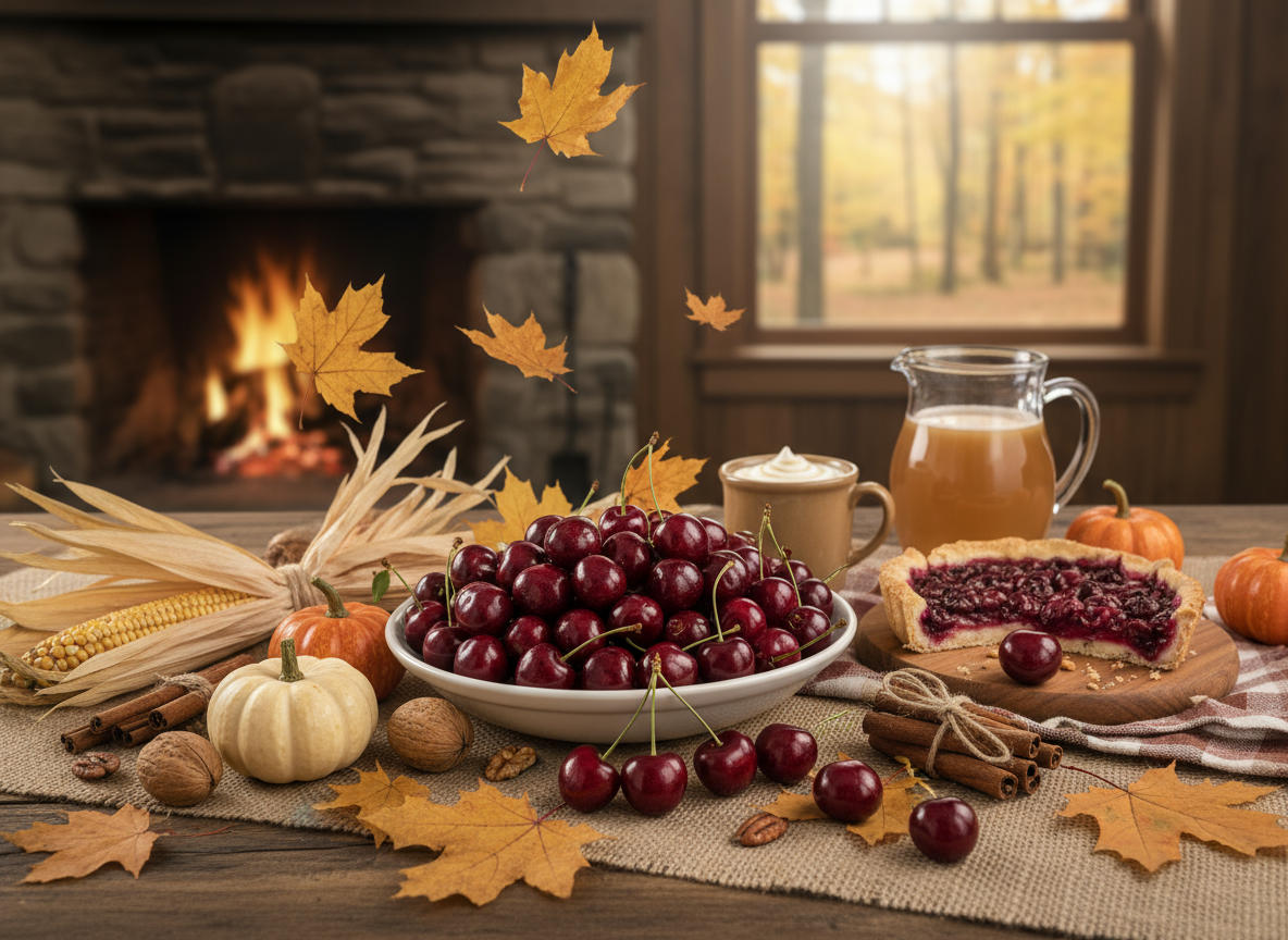 Firefly_Gemini Flash_generate a fall season spread image of bing cherries 197659